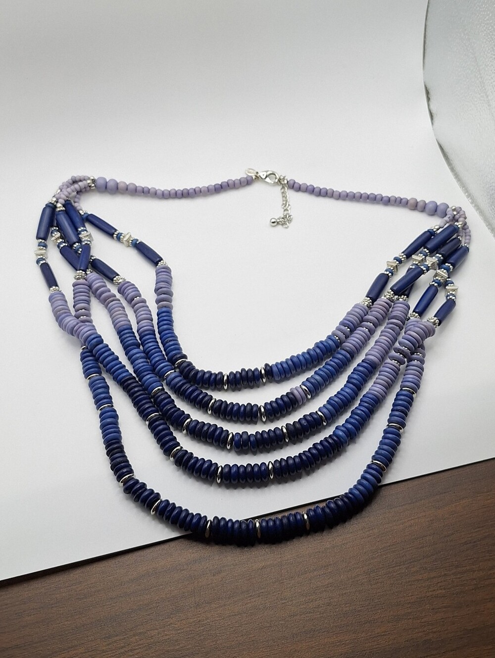 Chico’s Multistrand Lapis Blue Beaded Statement Necklace Silver Tone
